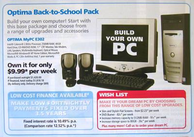 Photo of a pamphlet advertising a desktop computer deal which includes an option for low cost finance.