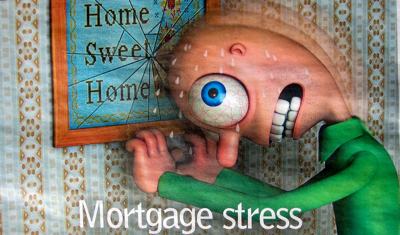 Cartoon showing a man looking quite crazy as he smashes his head against a picture on the wall of his house. His eyes are bulging and significant amounts of sweat pour from his brow. The picture reads ‘home sweet home’ and the cartoon is titled ‘mortgage stress’.