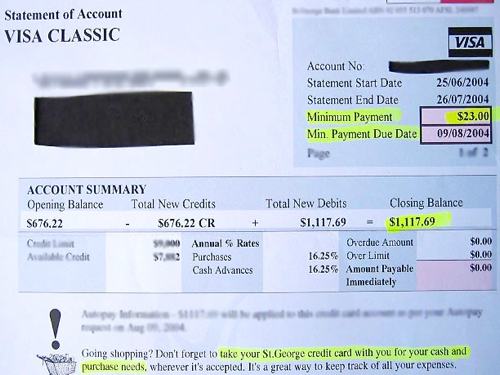 Photo of an old Visa statement which has 15 different balances, interest rates and dates on it