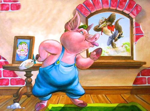 Cartoon of the third little pig inside his newly constructed brick house. We can see through the window that the big bad wolf is outside and is furious. The third little pig is blowing the wolf a raspberry.