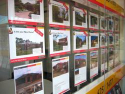 A photo of the front window of a real estate agent showing properties for sale