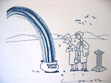 Cartoon of two people looking with delight at an old fashioned pot marked “super fund”. It lies at the end of a rainbow.