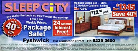 Photo of newspaper ad for a bed, bedside cabinets and a tall boy. The price is $1345 and there is an offer for 24 months interest free. It also has a figure showing $12.93 per week payments. There is substantial fine print underneath.