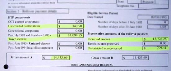 A photo of a super statement with Undeducted contributions, Taxed element, Preserved amount, Unrestricted non-preserved and Gross amount sections highlighted