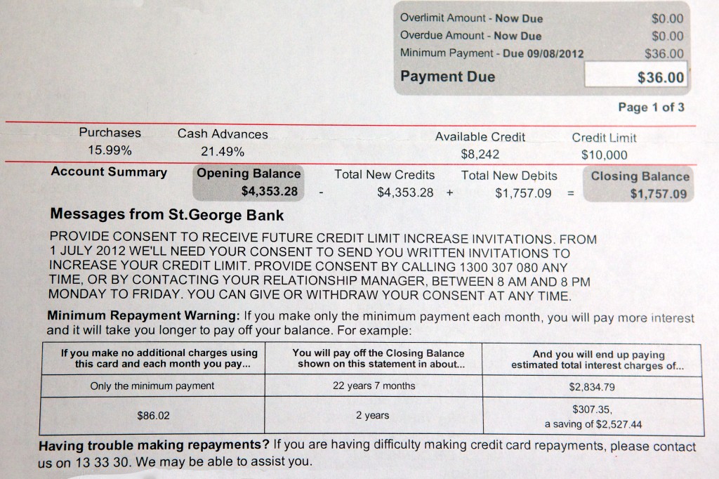 Photo of a St George credit card statement, showing the opening balance, closing balance, payment due and also a table titled Minimum Repayment Warning outlining what sort of interest would be payable when only minimum repayments are made.