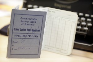 Photo of an old Commonwealth Bank school passbook.