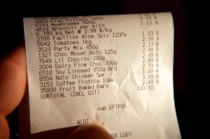 Close up photo of a docket showing grocery items.