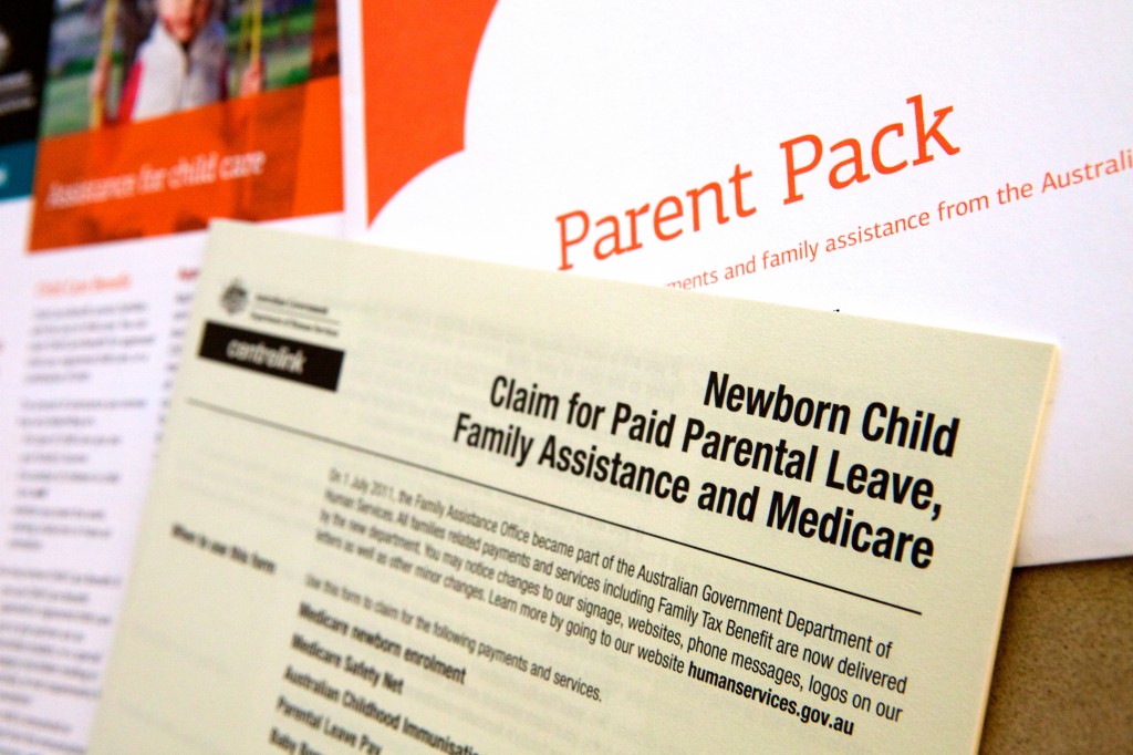 Photo of a claim form for Paid Parental Leave that comes with the parent pack on the birth of a baby.